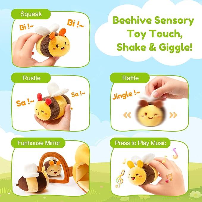 Baby Toys 6-12 Months - Soft Beehive Infant Toy with 5 Sensory Bees, Rattle, Crinkle, Squeaker, Mirror & Music, Montessori Toys for Babies 3 6 9 12 18 Months, Baby Boys Girls Christmas Birthday Gifts
