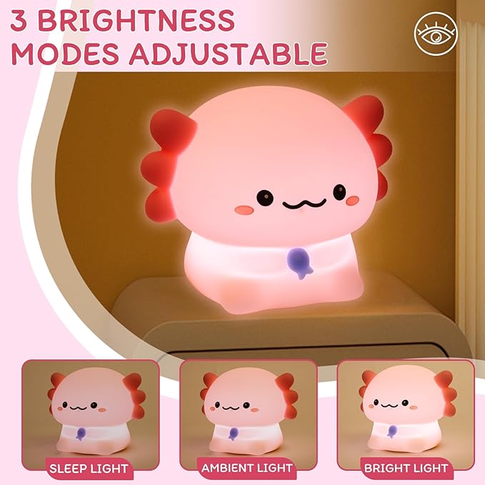 MAGOHMT Axolotl Night Light for Kids - 3-Level Dimmer & Auto-Off Timer, Child-Safe Silicone Lamp, USB-C Rechargeable Nursery Light for Bedroom Breastfeeding (Squishy Animal)
