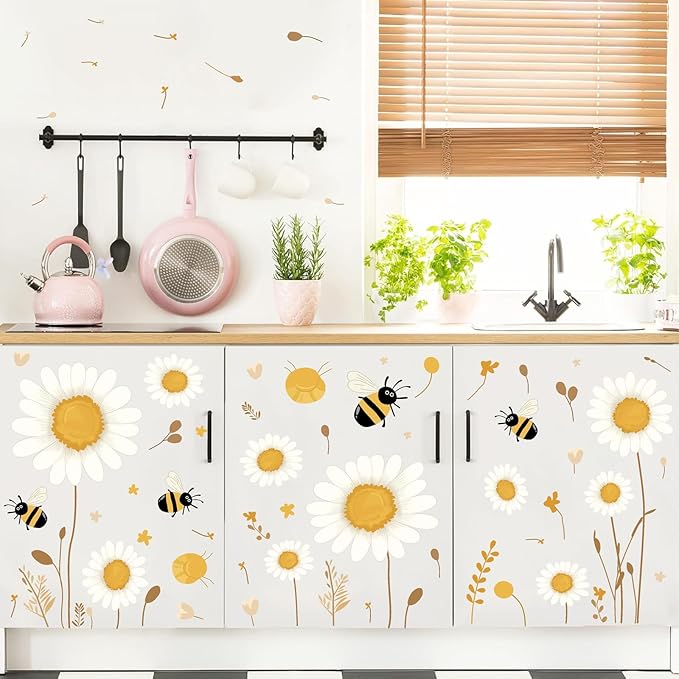 Daisy Floral Wall Stickers Baby Bedroom Walls Art Murals Boho Daisy Decals for Kids Room Peel and Stick Flower Bee Vinyl Wall Decals for Nursery Home Living Room Summer Flowers Party Theme Supplies