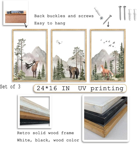Set Of 3 Wild Woodland Nursery Animals Wall Art Decor 16x24 Inch Nursery Foggy Forest Deer Bear Fox Posters Wood Framed Sign Modren Children's Boys Girls Room Watercolor Prints Hang (Wood)