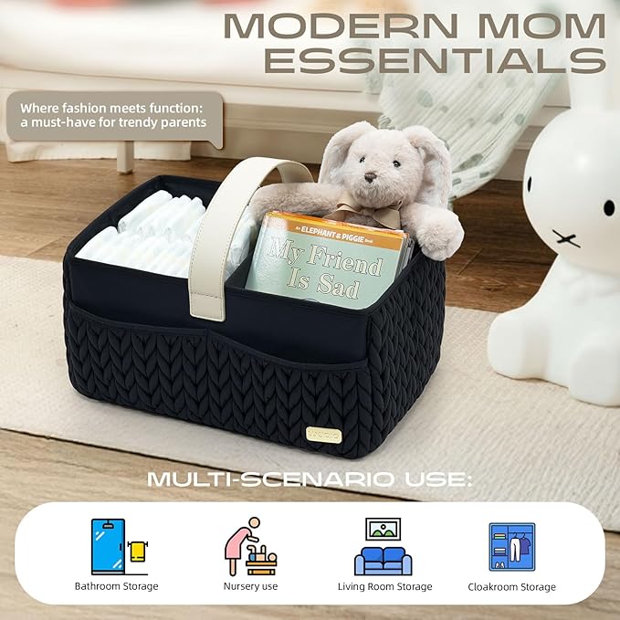 LUKJOJO Luxurious Baby Diaper Caddy, Nursery Storage Basket for Newborn Essentials, Travel Baby Basket for Diapers Baby Wipes, Organizer Tote Bag Storage Bin, Baby Shower Gifts(black)
