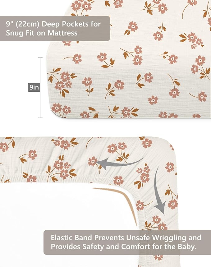Crib Sheets for Baby Boy Girl 2 Pack, Fitted Crib Mattress Sheet 28" x 52", Muslin Toddler Bedding with Neutral Style, Nursery Bedding Essentials (Floral & Pink)