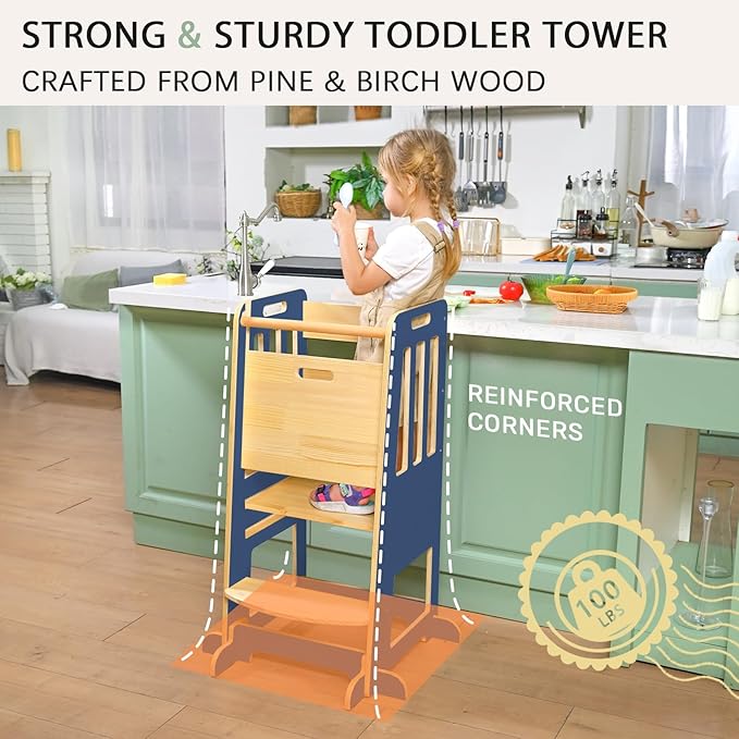 WINGYZ Toddler Tower – Adjustable Step Stool Helper for Kids 18M–6Y, Kitchen Learning Stool with Safety Rail, 3-Height Adjustable, Sliding Door, Full Support Foot, Wooden Updated Design, Dark Blue