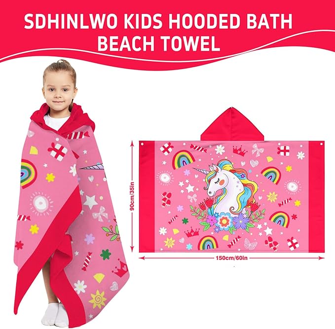Thickened Hooded Towels for Kids Suitable Girls Boys Kids Bath Towels, 35"x60" Super Absorbent, Unicorn Cute Cartoon Toddler Towels Multi-Purpose for Beach, Pool and Bathroom
