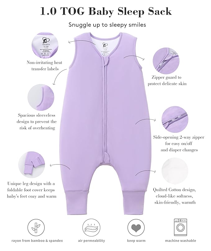 Baby/Toddler Sleep Sack with Legs, Rayon from Bamboo 95% + 5% Spandex, 1.0 TOG, 2‑Way Zipper Sleeping Bag, Walker‑Friendly 18-36M Purple