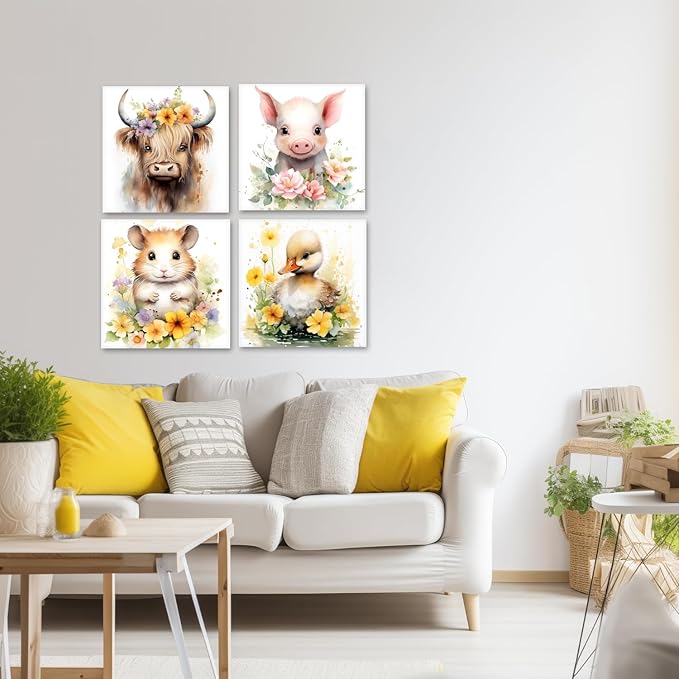 LYUNSHUO Nursery Wall Decor Cute Rustic Farmhouse Animal Canvas Print Wall Art Cow Pig Hamster Duck Poster Artwork for Home Decor Gallery Wrap Ready to Hang(Art-4,16.00"x16.00"x4P)