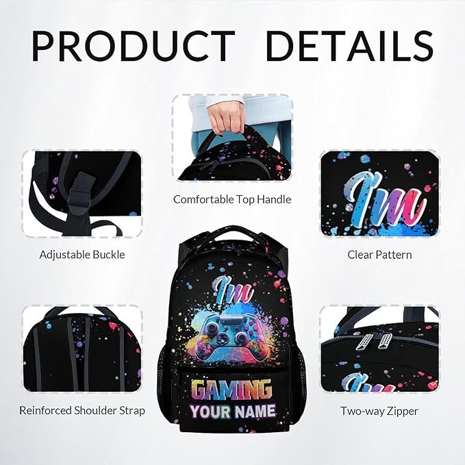 COZYAURA Customized Backpack - Video Gamer Bookbag with Lunch Box for School - Lightweight Black Gaming Backpacks for Boys