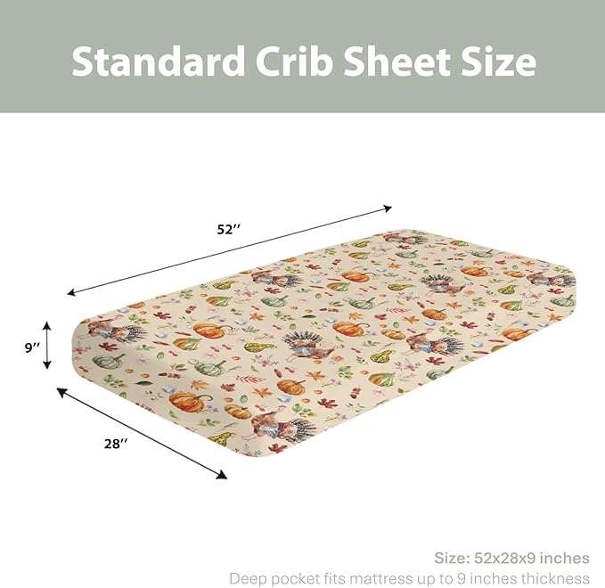 Thanksgiving Turkey Pumpkins Baby Crib Sheets for Boy Girl 52"x28" Vintage Autumn Leaves Soft Stretchy Fitted Crib Mattress Covers Fall Harvest Baby Sheet for Standard Crib and Toddler Bed Mattress