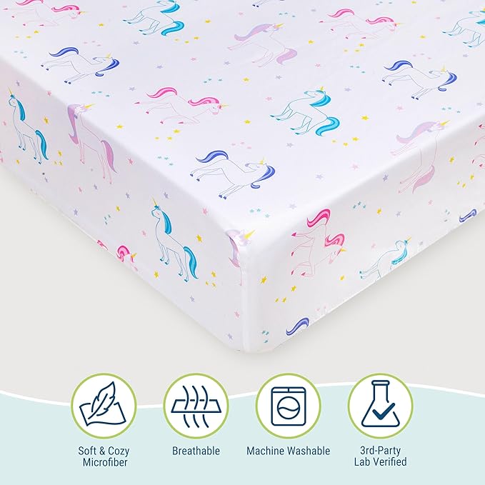 Wildkin Kids 100% Microfiber Crib Sheet – Soft, Breathable Fitted Sheet - Unicorn