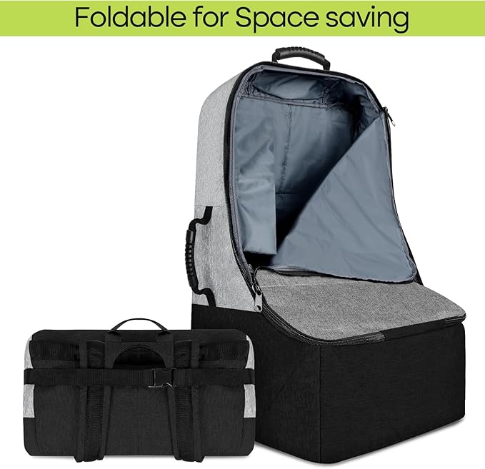 ZRRAJOY Padded Car Seat Travel Bag for Airplane, Heavy Duty Backpack for Air Travel, Water-Resistant Carrier with Shoulder Strap, Fits Most Car Seats (Grey+Black)