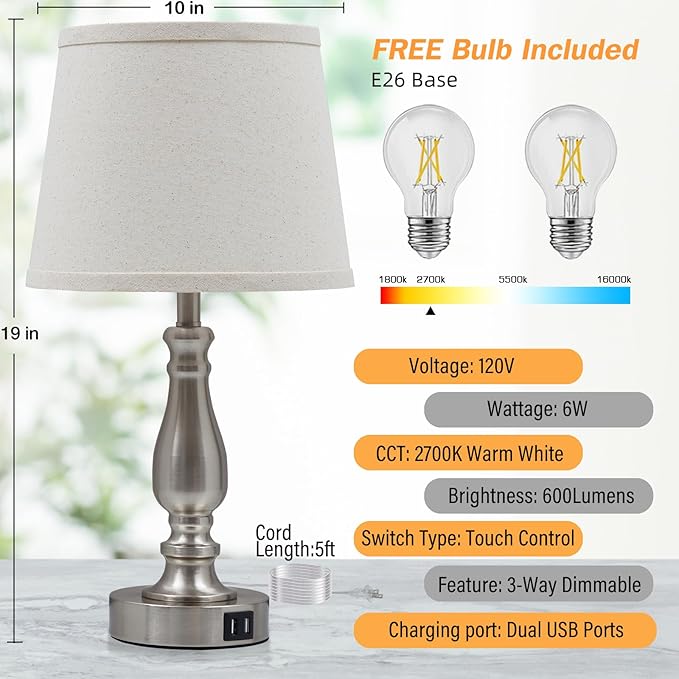 EJIAXIN Lamps for Bedrooms Set of 2, Brushed Nickel Bedside Lamps with USB C+A Ports,Dimmable Nightstand Lamps with Fabric Lampshade, Touch Table Lamp for Living Room Bedroom Office, Bulbs Included