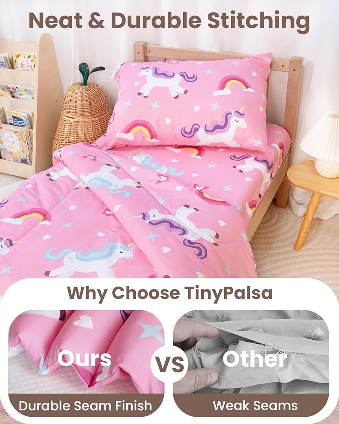TinyPalsa Toddler Bedding Set, 4-Piece Pink Rainbow Pony Comforter Set for Girls and Boys, Breathable Crib Bedding Includes Ultra-Soft Quilt, Flat & Fitted Sheets, Pillowcase