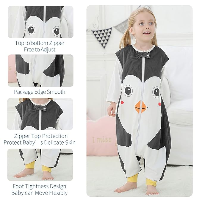 MICHLEY Toddler Sleeping Sack with Feet Newborn Infant Sleeveless Sleeping Bag 2-way Zipper Baby Wearable Blanket for Walkers,Penguin,5-6T