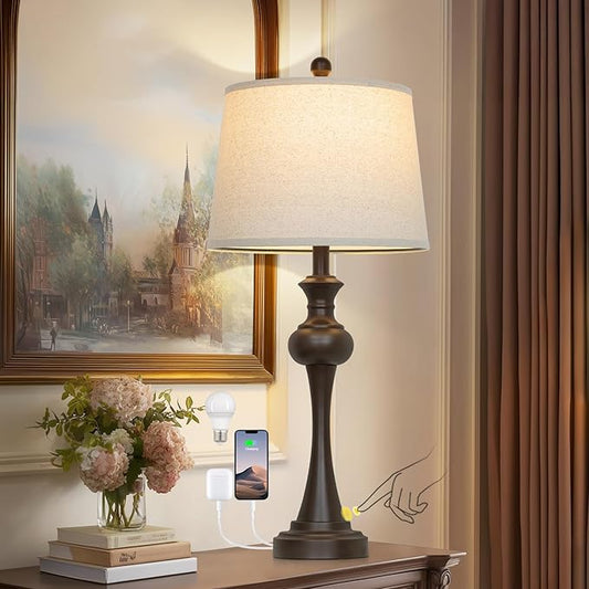 Cinyirong Brown Touch Table Lamps,28.75" Tall Bedside Lamps with USB C+A Ports, 3-Way Dimmable Table Lamp, Nightstand Lamps for Bedroom, Living Room，Brown Lamps with Beige Lampshade, Bulb Included