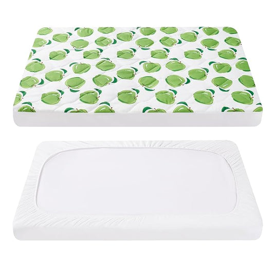 TILLYOU Pack and Play Sheet - Soft Quilted Crib Cover Pad, Toddlers Mattress Protector with 1''-3'' Deep Pocket, Thick Play Yard Playpen Sheets, Crib Mattress Pad, 39"x27", Green Apple