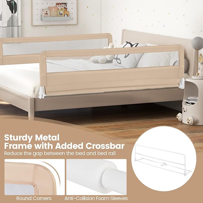 HONEY JOY Bed Rail for Toddlers, 71-in Extra Long, Portable Safety Bed Guardrail w/Double Safety Child Lock, Foldable Baby Bed Rail Guard, Fit King & Queen Full Twin Size Bed Mattress(Beige, Pack 1)