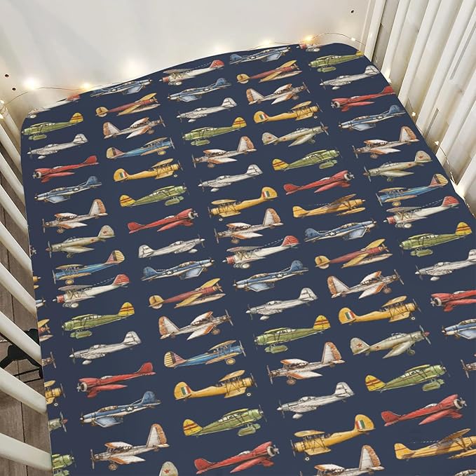Vintage Planes Airplanes Helicopters Baby Crib Sheets Boy Girl 28"x52" Navy Plane Models Aircraft Soft Stretchy Fitted Crib Mattress Cover Baby Sheet for Standard Crib & Toddler Mattress Pad