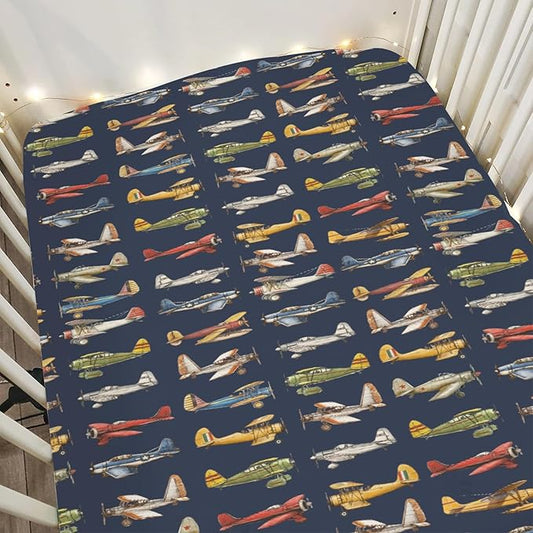 Vintage Planes Airplanes Helicopters Baby Crib Sheets Boy Girl 28"x52" Navy Plane Models Aircraft Soft Stretchy Fitted Crib Mattress Cover Baby Sheet for Standard Crib & Toddler Mattress Pad