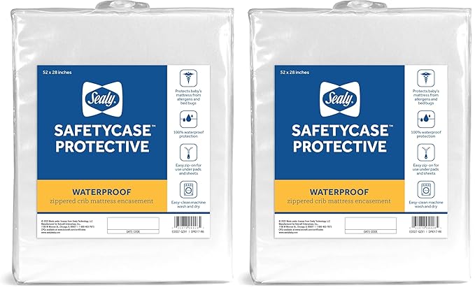Sealy Baby SafetyCase Protective Waterproof Fitted Zippered Infant Crib Mattress Protector Pad and Toddler Bed Cover Encasement, Bug and Allergy Protection, Machine Washable, 52” x 28”- White