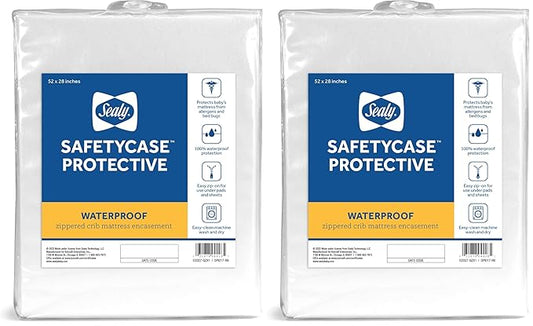 Sealy Baby SafetyCase Protective Waterproof Fitted Zippered Infant Crib Mattress Protector Pad and Toddler Bed Cover Encasement, Bug and Allergy Protection, Machine Washable, 52” x 28”- White