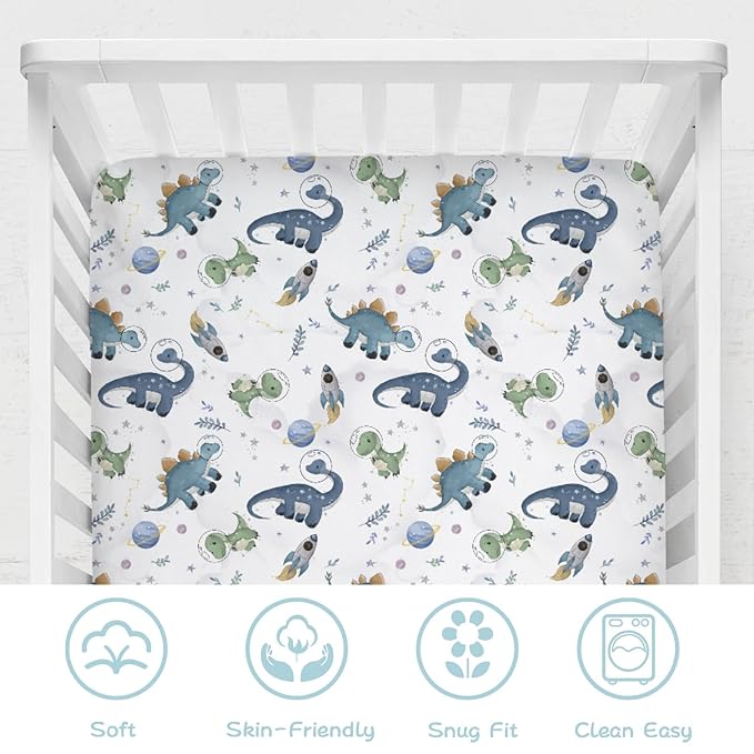 Watercolor Space Dinosaurs Baby Crib Sheet 52''x28'' Cute Dinosaur Rockets Planet Stars Leaves Snug Fitted Crib Mattress Cover for Boy Girl Soft Baby Bed Sheet for Standard Crib and Toddler Mattress