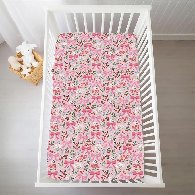 Preppy Pastel Floral Bows Baby Crib Sheets Pink Girly Floral Bows Soft Snug Fitted Crib Mattress Covers for 52''x28'' Standard Crib & Toddler Mattress Christmas Flowers Cherry Fir Leaves Bed Sheets