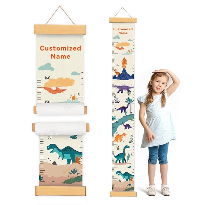 Woodemon Customize Name Canvas Growth Chart for Kids, Dinosaur Unisex Kids Room Wall Decor, Measuring Height Chart, Wall Tape with Height Chart for Kids, Foldable Height Tracker, Lightweight