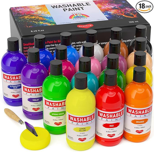 Smallbudi 18 Colors Large Washable Paint Set for Kid (8.45oz,250 ml), Bulk Paint Supplies Non Toxic Children Tempera Paint for Arts & Crafts, DIY, Finger Paint, School Teacher Classroom Must Have