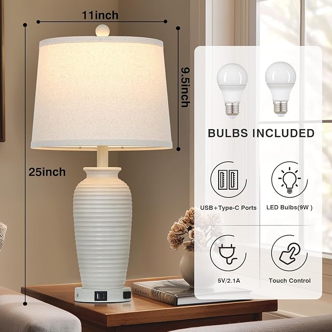 CINSARY 25" Vintage Farmhouse Jar Table Lamps, Single Rustic Bedside Lamp with USB A+C Ports & AC Outlet, Nightstand Lamps for Living Room, Bedroom, End Table, Cream(LED Bulb Included)