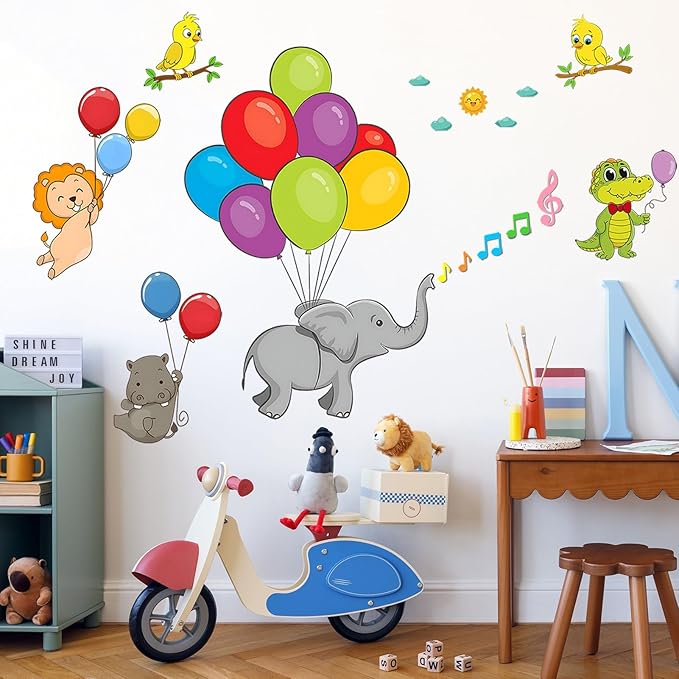 Eutecado Forest Animals Balloon Wall Decals Colorful Kids Wall Stickers, Lovely Elephant Hippo Lion Crocodile Wall Stickers Sun Clouds Art Decals for Nursery Classroom Playroom Cute Room Decor