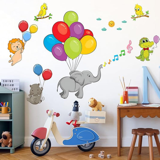 Eutecado Forest Animals Balloon Wall Decals Colorful Kids Wall Stickers, Lovely Elephant Hippo Lion Crocodile Wall Stickers Sun Clouds Art Decals for Nursery Classroom Playroom Cute Room Decor