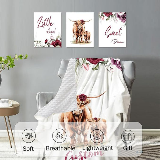 Personalized Baby Crib Bedding Set: 4 Piece Custom Rose Highland Cow Crib Bed Set with Name, Nursery Bedding Set for Baby Girls, Newborn Boys Crib Sets, Crib Bedding Custom Gift, Crib Sheet