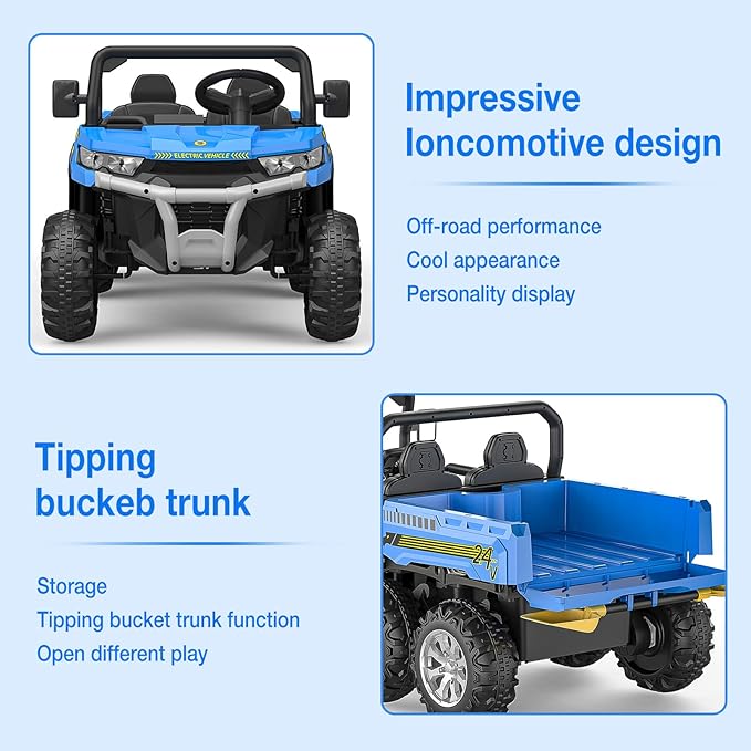 2-Seater Kids Ride On Dump Truck, 75W Electric Ride On UTV Toys with Remote Control, Dump Bed, PP Tire x 6, LED Light & Music, 24V 4WD Power Ride On Truck Car for Boys Girls (Blue)