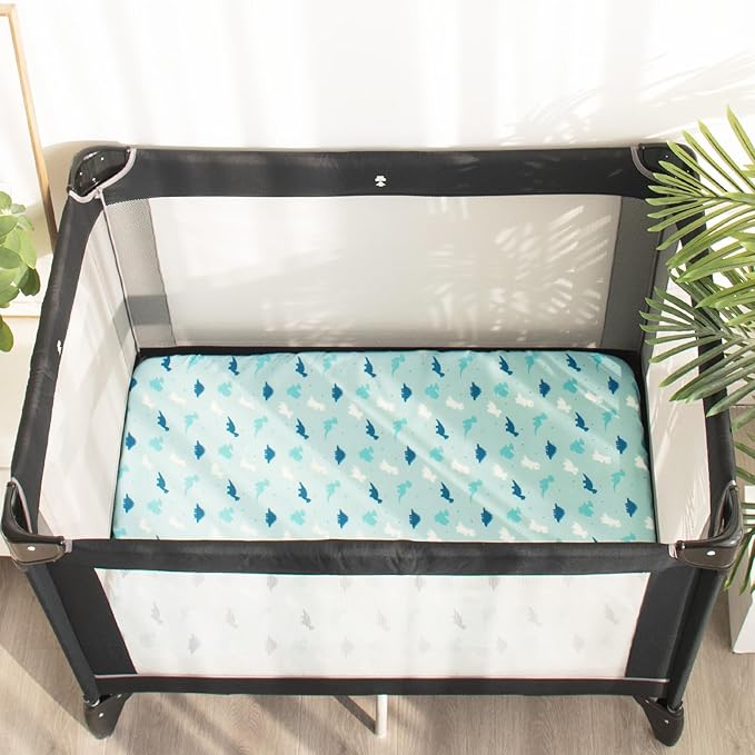 4 Pack Pack and Play Fitted Sheets, 27" x 39", Compatible with Graco Pack n Play Playard, Pamo Babe Portable, and AirClub Bassinet Bedside Sleeper, Ultra Soft and Skin-Friendly, Aqua