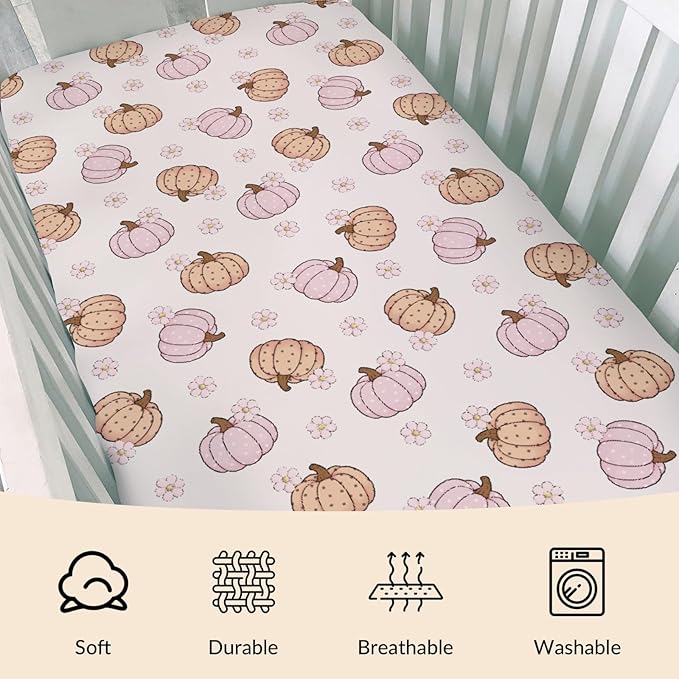 Fall Pumpkin Boho Flower Baby Crib Sheets Autumn Thanksgiving Harvest Baby Sheet Fitted Crib Mattress Cover Pastel Pumpkins Floral Standard Toddler Mattress 52''x28''