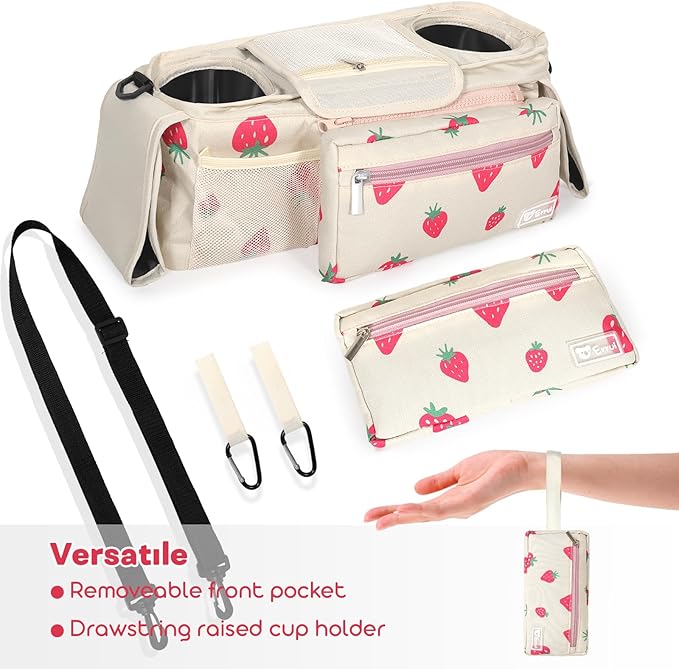 Universal Stroller Organizer with Insulated Cup Holders and Detachable Phone Bag,Stroller Caddy Fits for Stroller Accessories like Uppababy, Baby Jogger, Doona, Nuna Stroller (strawberry)