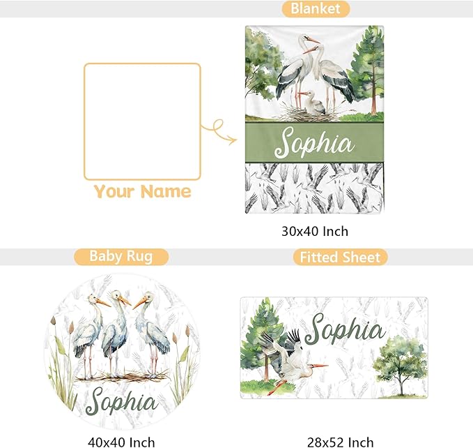 Custom Crib Bedding Set - 3 Pcs Personalized Name Baby Bedding Set for Nursery - Cute Double Layer Baby Crib Set for Boys Girls, Customized Gifts for Infant Toddler New Parents - Green Crane