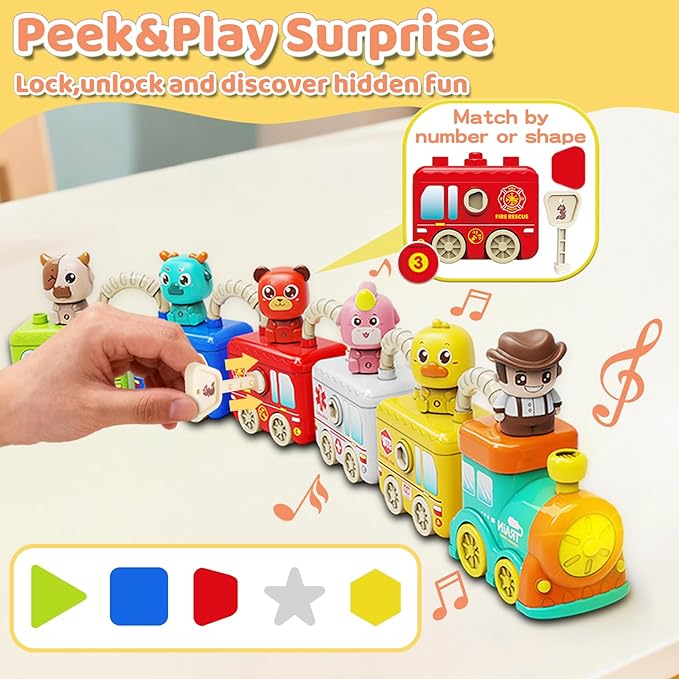 Toddler Learning Toys for 2 3 4 Year Old - Counting Matching & Sorting Activity Montessori Train Set with Vehicle Transportation,Farm Animals, Keys to Lock and Unlock Carriage，Christmas Birthday Gift