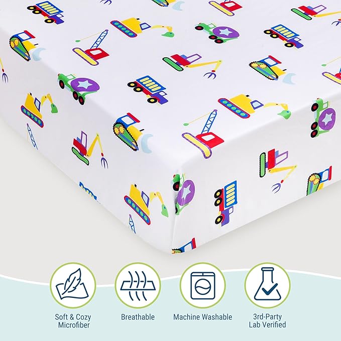 Wildkin Kids 100% Microfiber Crib Sheet – Soft, Breathable Fitted Sheet - Under Construction