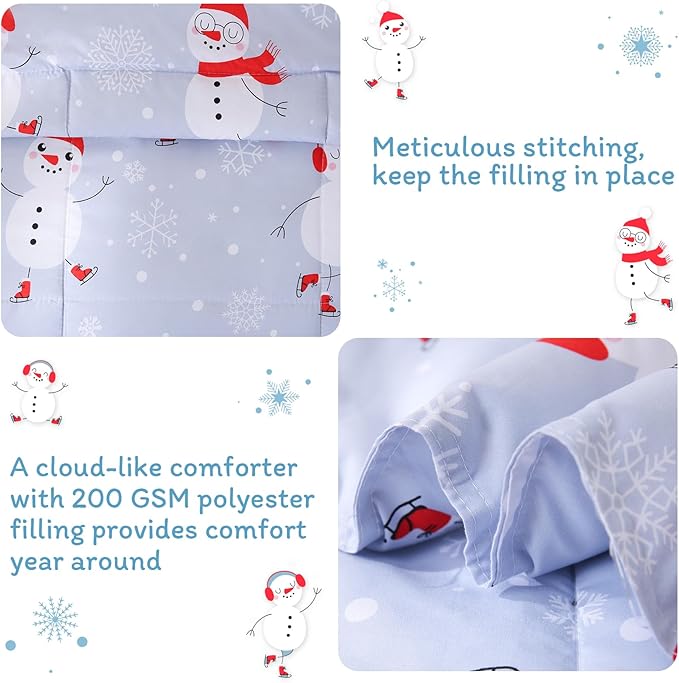 JSD Blue Snowman Toddler Bedding Set, 4 Piece Christmas Winter Toddler Microfiber Comforter Sheet Set, Lightweight Breathable