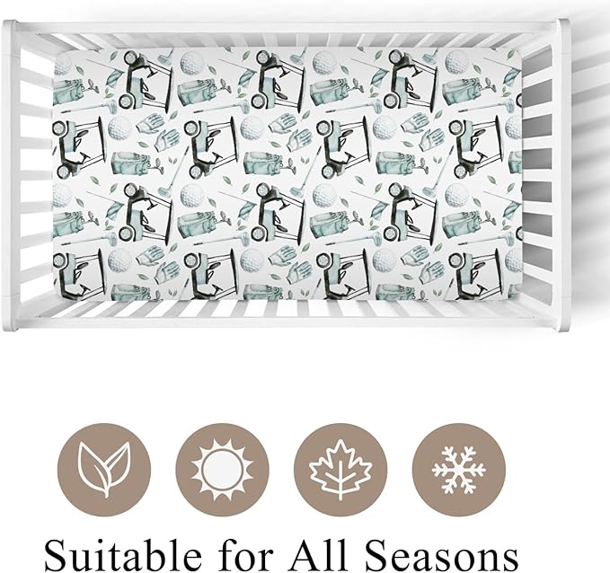 Golf Gear Sport Green Fitted Crib Sheet for Baby Girls Boys 52x28x9 in Golfing Cart Gloves Bag Flag Sports Fitted Crib Mattress Cover for Standard Crib Toddler Golfs Lovers Gift Bed Sheet