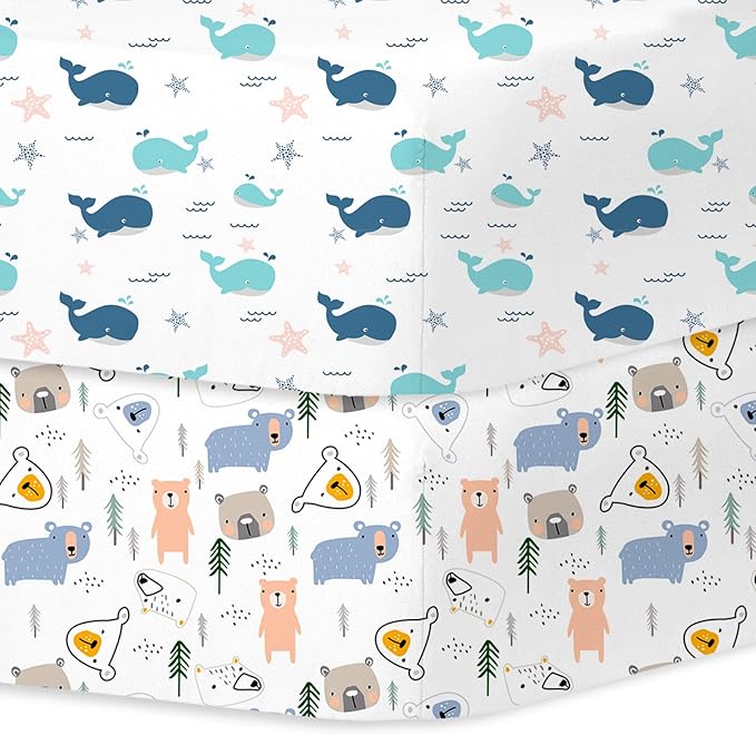 Little Grape Land Crib Sheets Baby Toddler Sheets 2 Pack Fitted for Boys Girls, Standard Size 28x52‘’ Crib Mattress, Super Soft Breathable Washable Microfiber (Whale/Little Bear)
