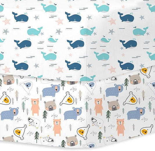Little Grape Land Crib Sheets Baby Toddler Sheets 2 Pack Fitted for Boys Girls, Standard Size 28x52‘’ Crib Mattress, Super Soft Breathable Washable Microfiber (Whale/Little Bear)