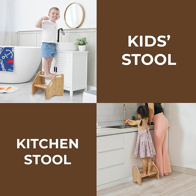 NABYTOK Wooden Step Stool for Toddlers and Adults, 300 lbs Capacity, Two Tier Bathroom Stool with Handles, Lightweight Non-Slip Pads, for Toilet, Sink or Kitchen Use