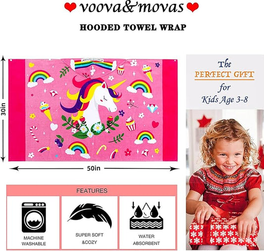 VOOVA & MOVAS Hooded Towels for Kids 3-8 Years, 30''X50, Soft Thick Cotton | Absorbent Beach, Bath, Pool Swim Towels | Cover up for Girls | Pink Floral Unicorn