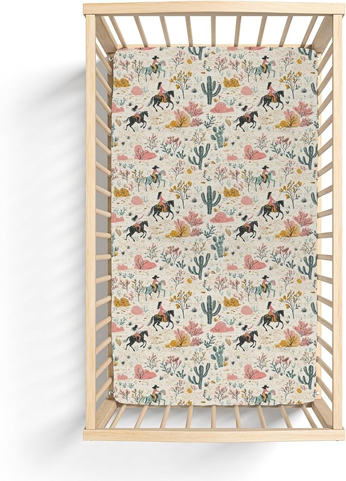 Western Cowgirl Cactus Baby Crib Sheets for Boy Girl 28"x52" Retro Cowgirl Horse Trees Leaves Soft Stretchy Fitted Crib Mattress Cover Wild West Baby Sheet for Standard Crib and Toddler Mattress