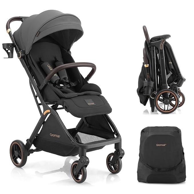 Gravity Folding Baby Stroller - Portable Travel Toddler Stroller w/Adjustable Backrest, Canopy, Footmuff & Cup Holder, Lightweight and UV Protected, One-Hand Automatic Folding - Dark Gray