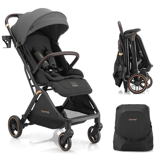 Gravity Folding Baby Stroller - Portable Travel Toddler Stroller w/Adjustable Backrest, Canopy, Footmuff & Cup Holder, Lightweight and UV Protected, One-Hand Automatic Folding - Dark Gray