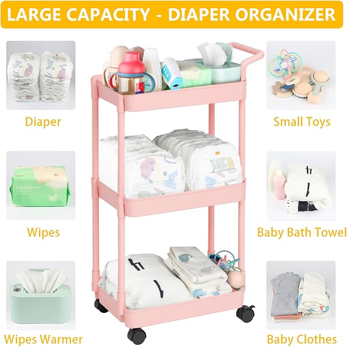 Volnamal Baby Diaper Caddy – Plastic Diaper Organizer for Nursery Essentials, Movable Cart for Changing Table & Crib, Easy to Assemble, Pink