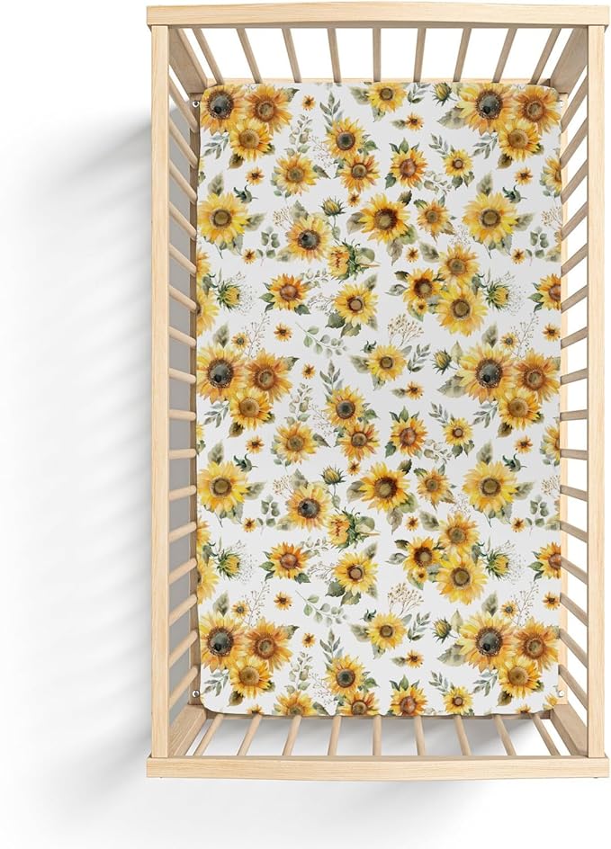 Yellow Sunflower Floral Baby Crib Sheets for Boy Girl 52"x28" Boho Sunflowers Leaves Soft Snug Fitted Crib Mattress Cover Summer Spring Garden Baby Sheet for Standard Crib and Toddler Bed Mattresses